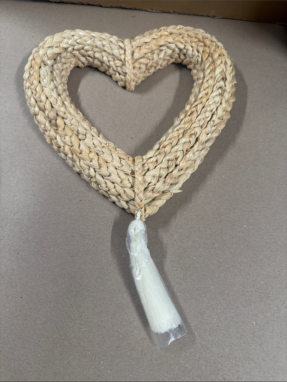 Woven Straw Heart Wall Hanging with White Tassel